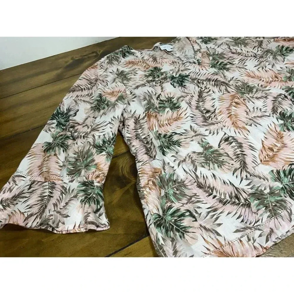 J Jill Love Linen Blouse Womens Top 2XL Pink Green Tropical 3/4 Flutter Sleeve - Picture 4 of 9